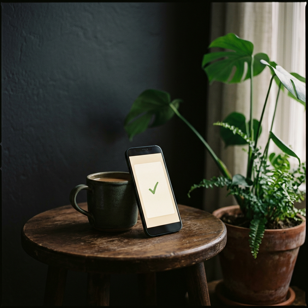 A phone propped against a mug on a dark wooden stool, a green check on its screen